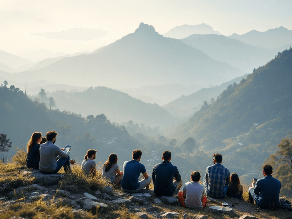 Mountain view with people sitting and enjoying the scenery